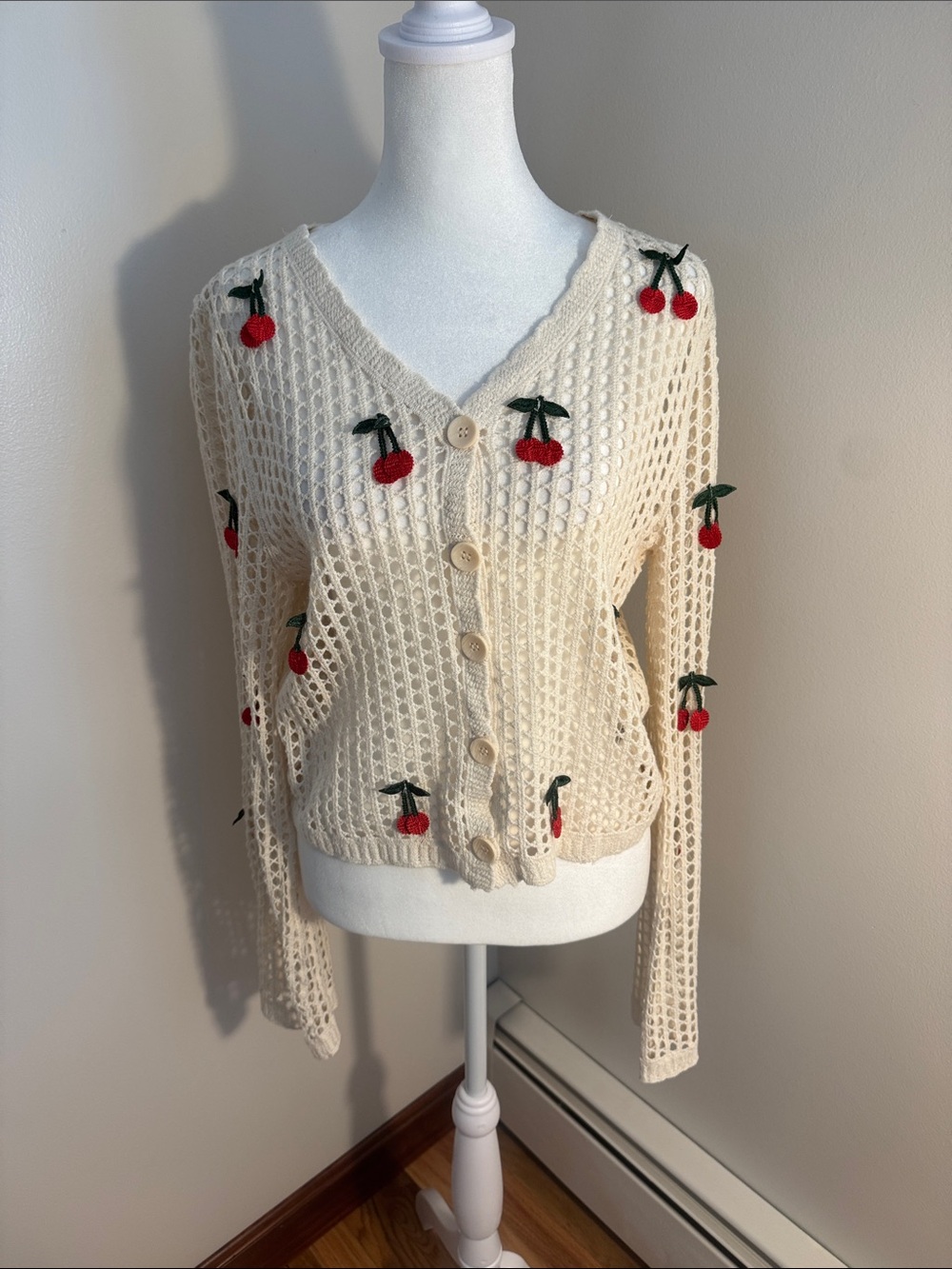 Rebellion Cream Open-Knit Cherry Cardigan